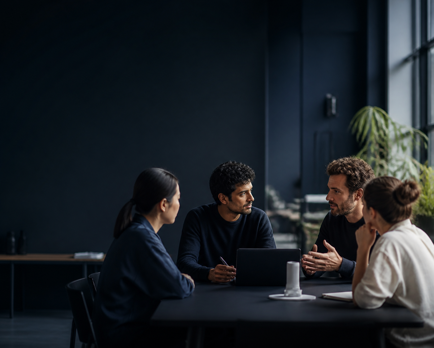 Four people discussing a project around a table.